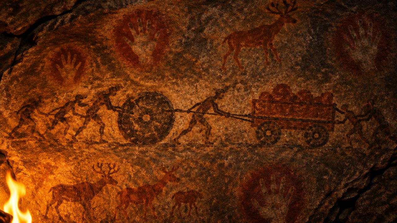 Cave painting of figures moving a stone wheel and a loaded cart