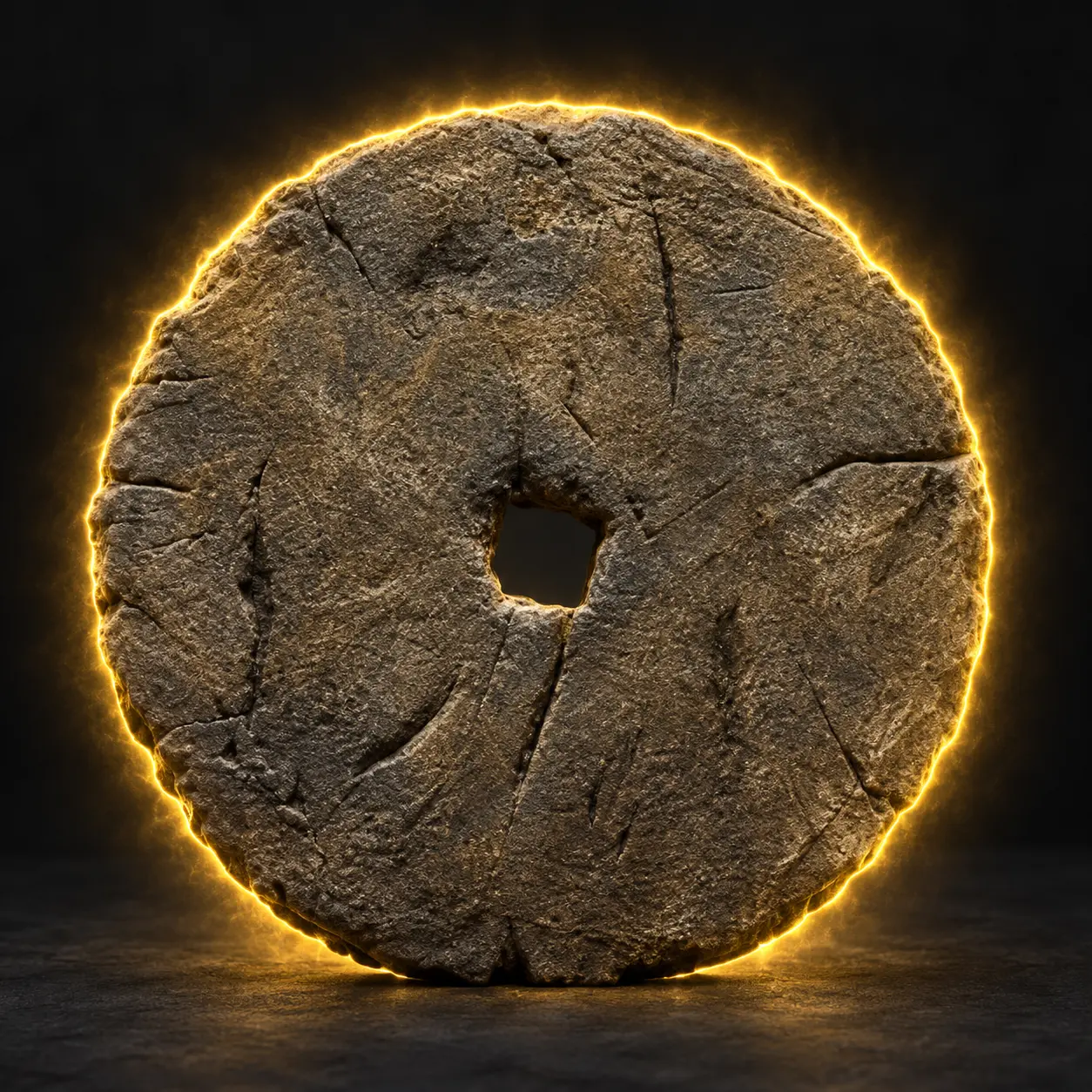 Carved stone wheel glowing with firelight